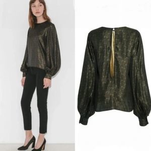 Nili Lotan Loretta Blouse Black Gold Silk Blend Poet Sleeve Open Back XS